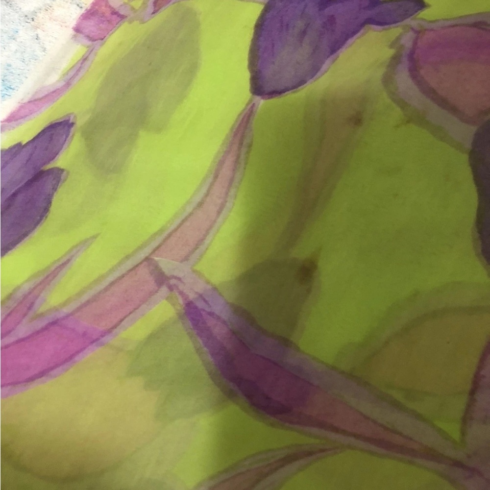 Shawl Scarf  100 Percent Silk Large Floral 20x100” Purple Yellow
